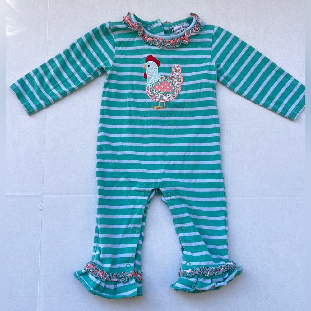 12m Three Sisters- Striped Chicken Romper LS